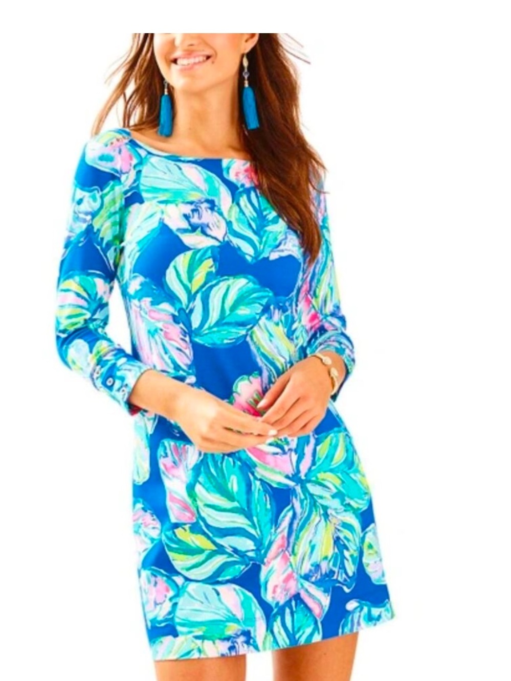 EUC Lilly Pulitzer Marlowe dress lapis blue  pop up jungle hoppin 3/4 sleeve M